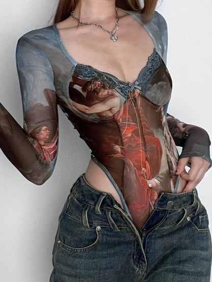 Vintage Print Sexy Bodysuit Lingerie See through Gauze Lenceria Tranparente Long Sleeve Body Feminino Square Collar Bustier Tops