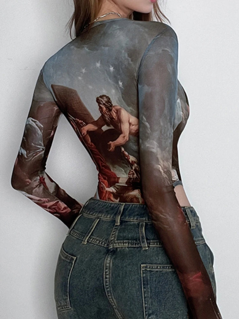 Vintage Print Sexy Bodysuit Lingerie See through Gauze Lenceria Tranparente Long Sleeve Body Feminino Square Collar Bustier Tops