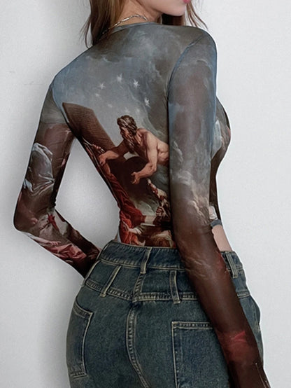 Vintage Print Sexy Bodysuit Lingerie See through Gauze Lenceria Tranparente Long Sleeve Body Feminino Square Collar Bustier Tops