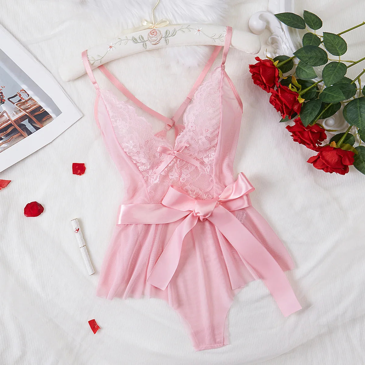 Elegant Lace Intimate Wear for Women - Deep V Open Bra and Backless Dress Set