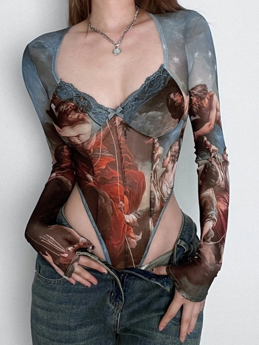 Vintage Print Sexy Bodysuit Lingerie See through Gauze Lenceria Tranparente Long Sleeve Body Feminino Square Collar Bustier Tops
