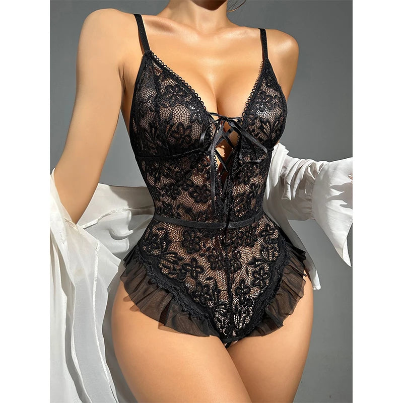 Elegant Lace Intimate Wear for Women - Deep V Open Bra and Backless Dress Set