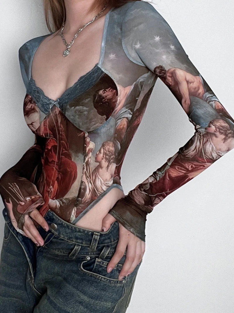 Vintage Print Sexy Bodysuit Lingerie See through Gauze Lenceria Tranparente Long Sleeve Body Feminino Square Collar Bustier Tops