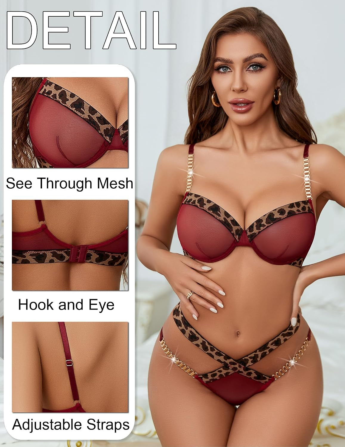 Sexy Lingerie Set Mesh See through Underwire Bra Panty Set Splice Push up Lingerie with Chain