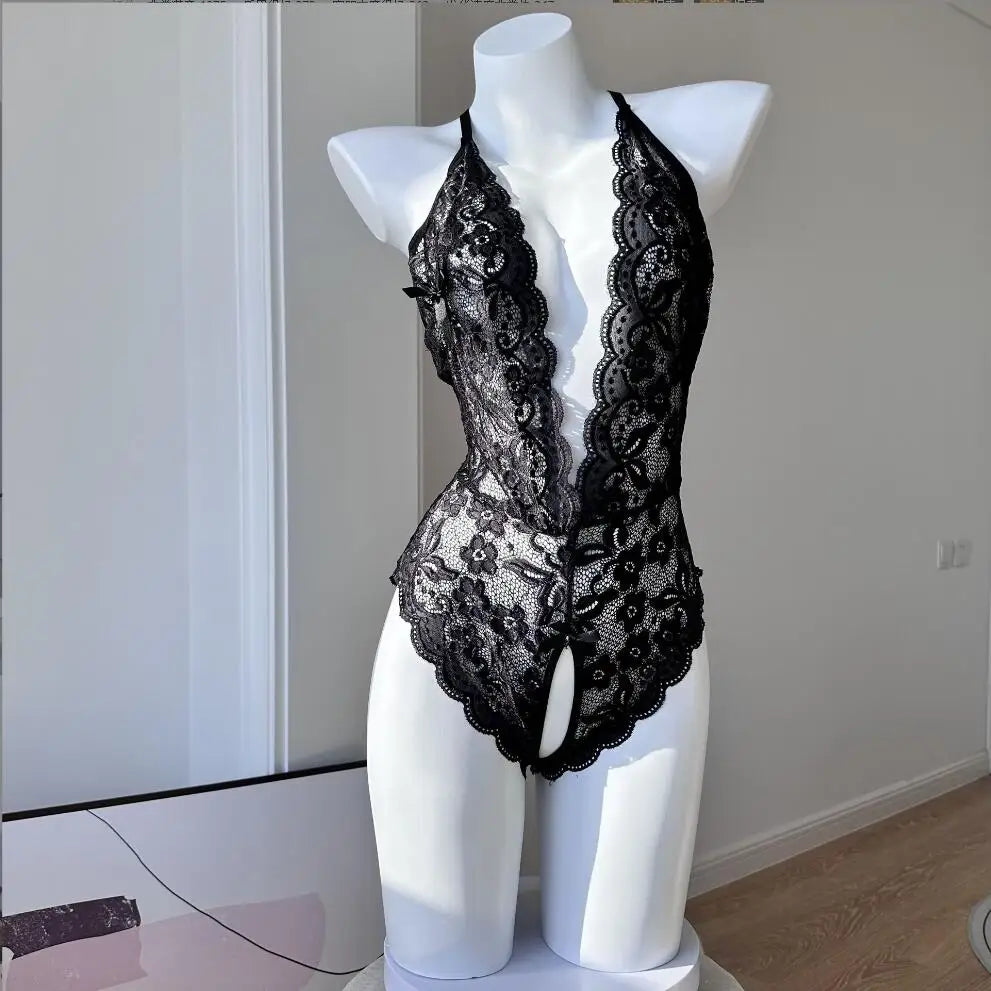 Elegant Lace Intimate Wear for Women - Deep V Open Bra and Backless Dress Set