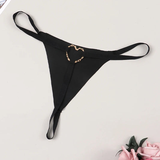 Elegant Hollow-Out Heart-Shaped Thong Panties for Women - Erotic Lingerie with Metal Accents