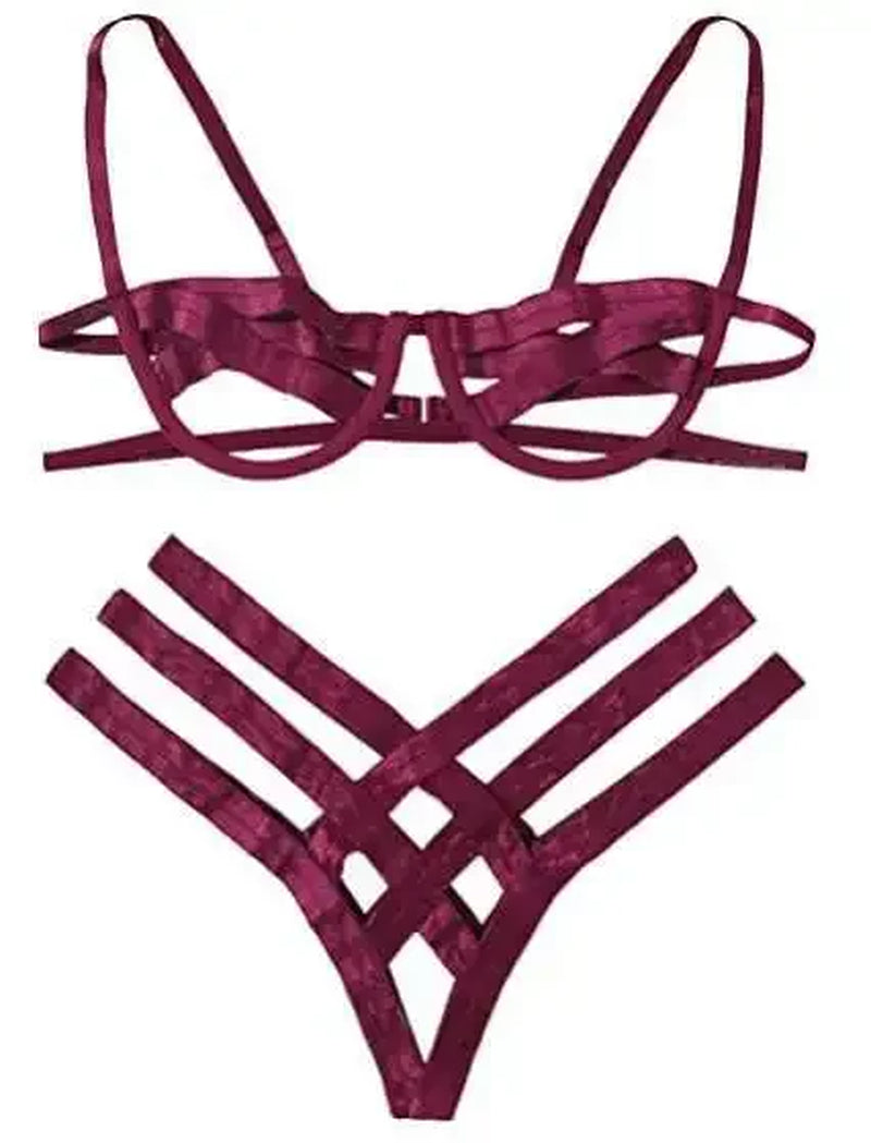 Amnesia Bondage, Sexy Lingerie, Women'S Bra and Panty Set, Erotic, Hollow-Out, Black, No Cups, Julia - Style Bra, Thong（