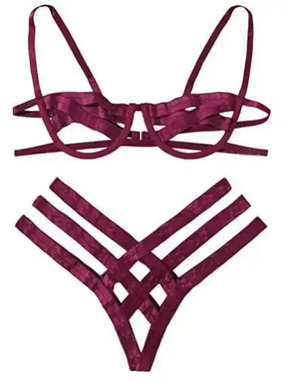 Amnesia Bondage, Sexy Lingerie, Women'S Bra and Panty Set, Erotic, Hollow-Out, Black, No Cups, Julia - Style Bra, Thong（