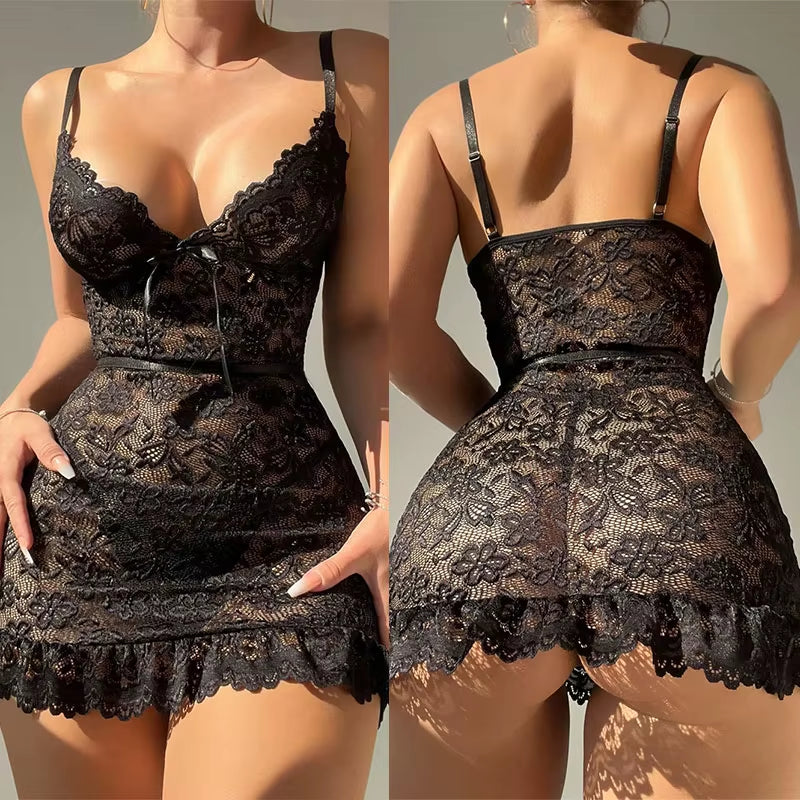 Lace Open Crotch Bra and Sleepwear Set - Elegant Evening Dress and Nightgowns for Intimate Occasions