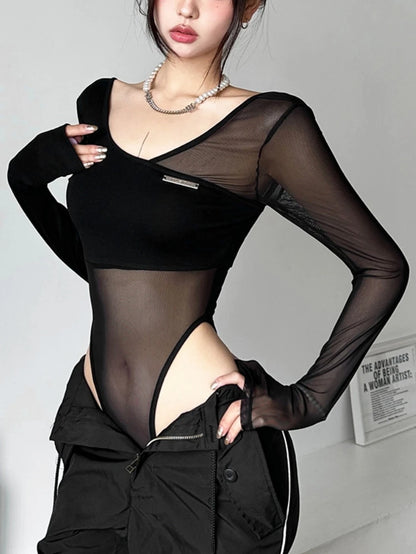Black See through Bodysuit Lingerie Sexy Long Sleeve Lenceria Femenina V-Neck One-Pieces Body Feminino Backless Tops for Women