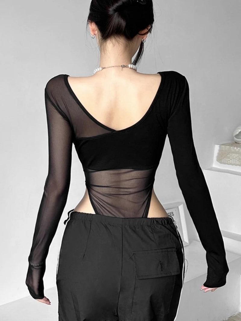 Black See through Bodysuit Lingerie Sexy Long Sleeve Lenceria Femenina V-Neck One-Pieces Body Feminino Backless Tops for Women