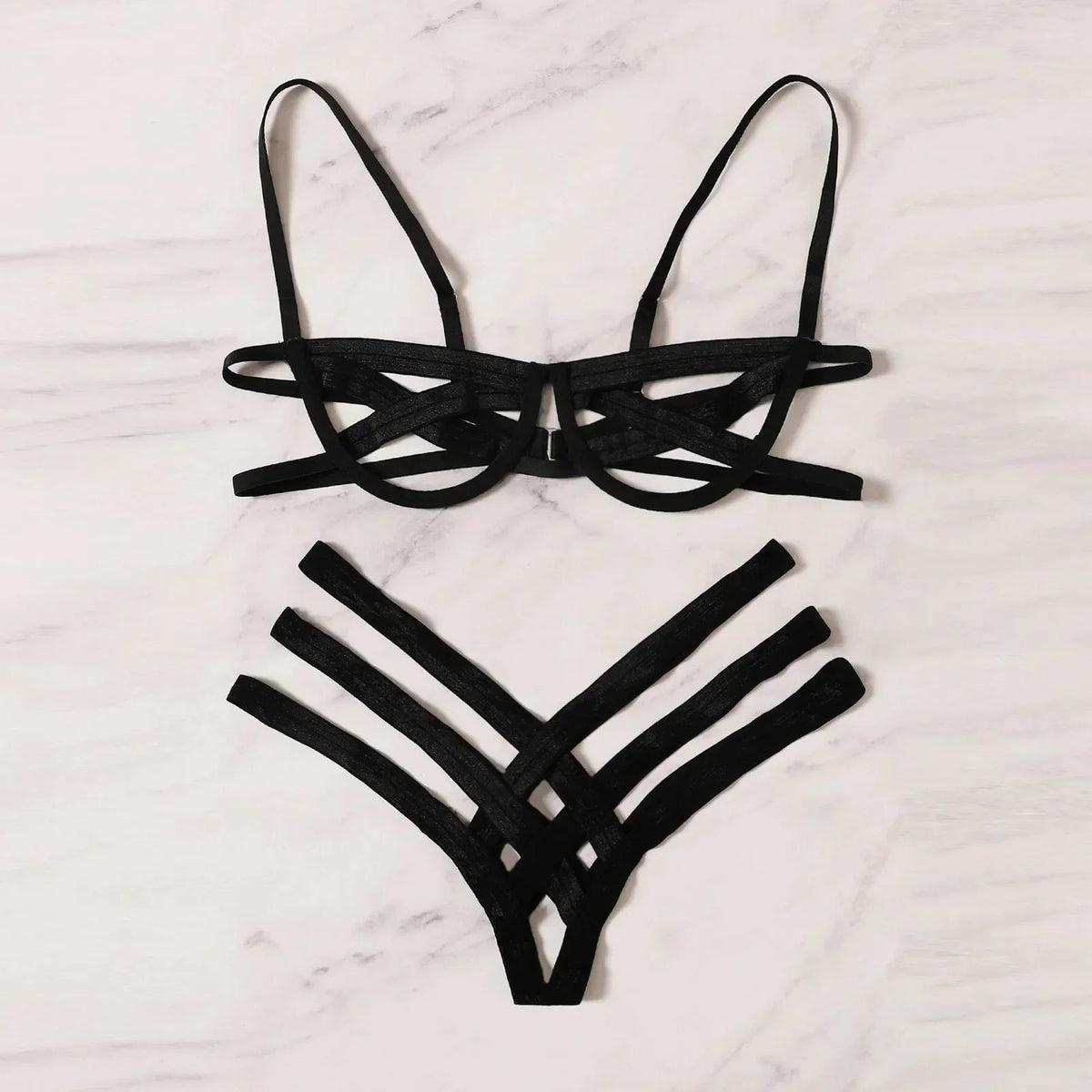 Amnesia Bondage, Sexy Lingerie, Women'S Bra and Panty Set, Erotic, Hollow-Out, Black, No Cups, Julia - Style Bra, Thong（