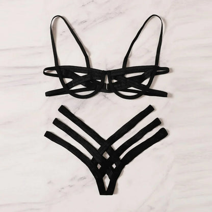 Amnesia Bondage, Sexy Lingerie, Women'S Bra and Panty Set, Erotic, Hollow-Out, Black, No Cups, Julia - Style Bra, Thong（