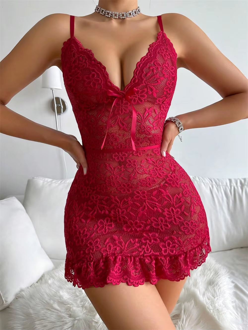 Lace Open Crotch Bra and Sleepwear Set - Elegant Evening Dress and Nightgowns for Intimate Occasions