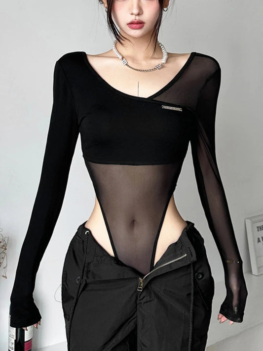 Black See through Bodysuit Lingerie Sexy Long Sleeve Lenceria Femenina V-Neck One-Pieces Body Feminino Backless Tops for Women