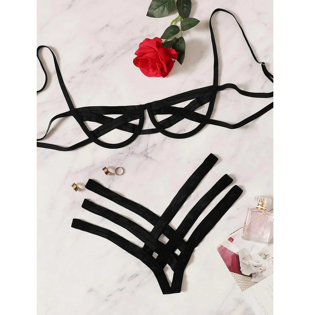 Amnesia Bondage, Sexy Lingerie, Women'S Bra and Panty Set, Erotic, Hollow-Out, Black, No Cups, Julia - Style Bra, Thong（